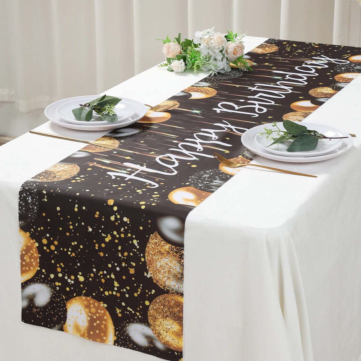 1pc,Black Gold Birthday Table Runner Birthday Highlights Balloon Pattern Table Falg Adults Birthday Party Decoration Anniversary