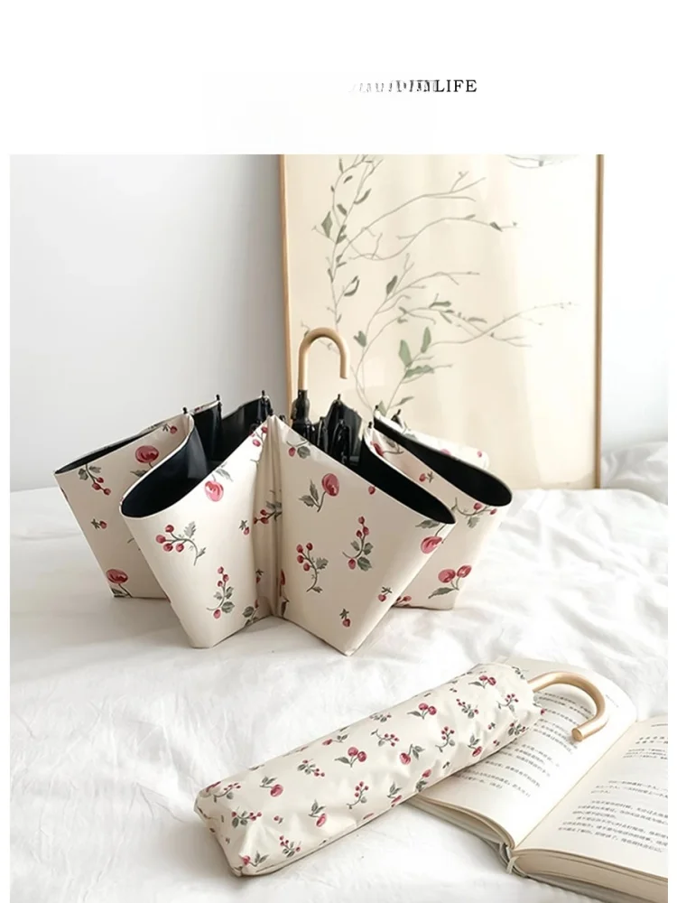 

Tlife Cherry Vintage Portable Sunade Umbrella UV Protection Bla Glue Sun Bloing Cherry Pattern Home Daily Use Umbrella