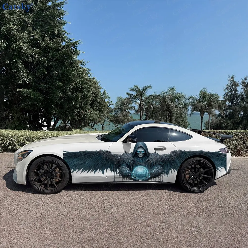 2pcs Blue Glow Bone Wing Wraith Car Side Wraps, Self-Adhesive PVC Waterproof & Scratch-Resistant Stickers, Car Accessory Gift