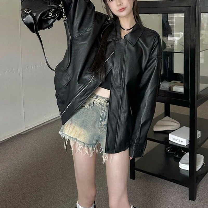 المرأة الخريف Y2K طويلة الأكمام بولي Jackets جديد الأمريكية الرجعية فو سترة جلدية امرأة أنيقة فضفاضة سستة موتو السائق معاطف Mujer #4