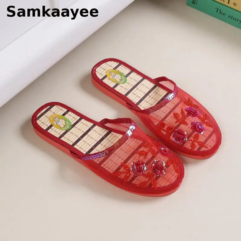 36-41 zapatillas para mujer, Zapatos planos transpirables de malla de verano, Zapatos planos con punta cerrada, Zapatos bordados con flores para mujer, zapatos de fondo suave sólido