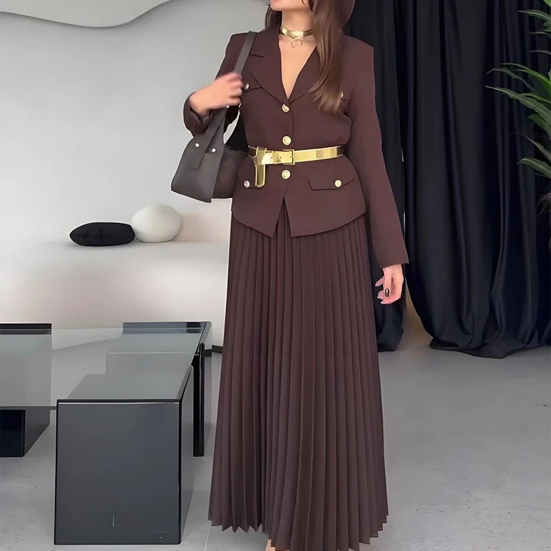 2025 Spring Long Sleeved Jacket and Skirt Suit Simple Solid Color Slim Commuting Outfit Elegant Temperament Slim Women's 2pc Set