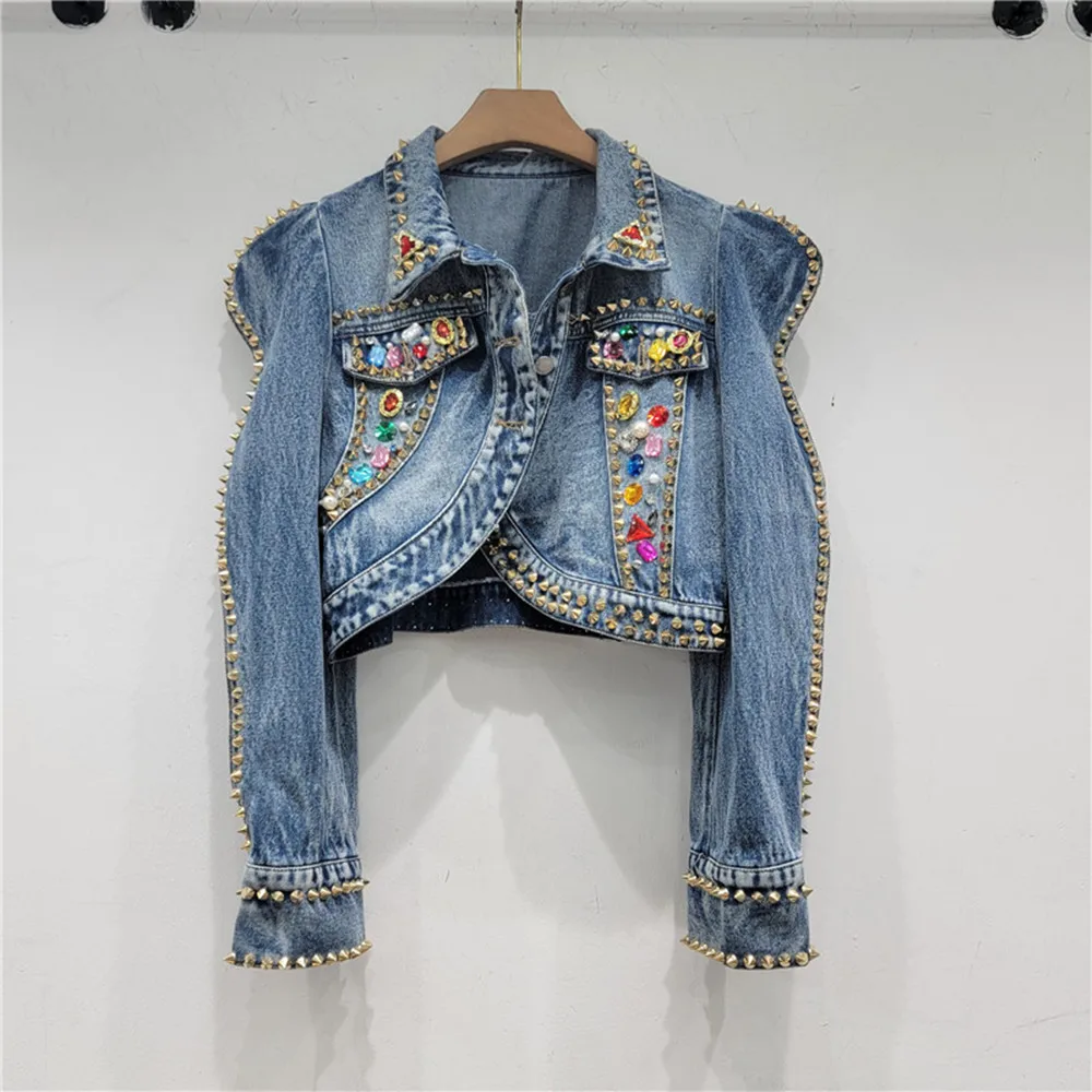 

Fashion Rhinestone Crystal Jacket Denim Coat Casual Slimming Wavy Puff Sleeve Jean Jacket Women Spring Autumn Clothes Vintage