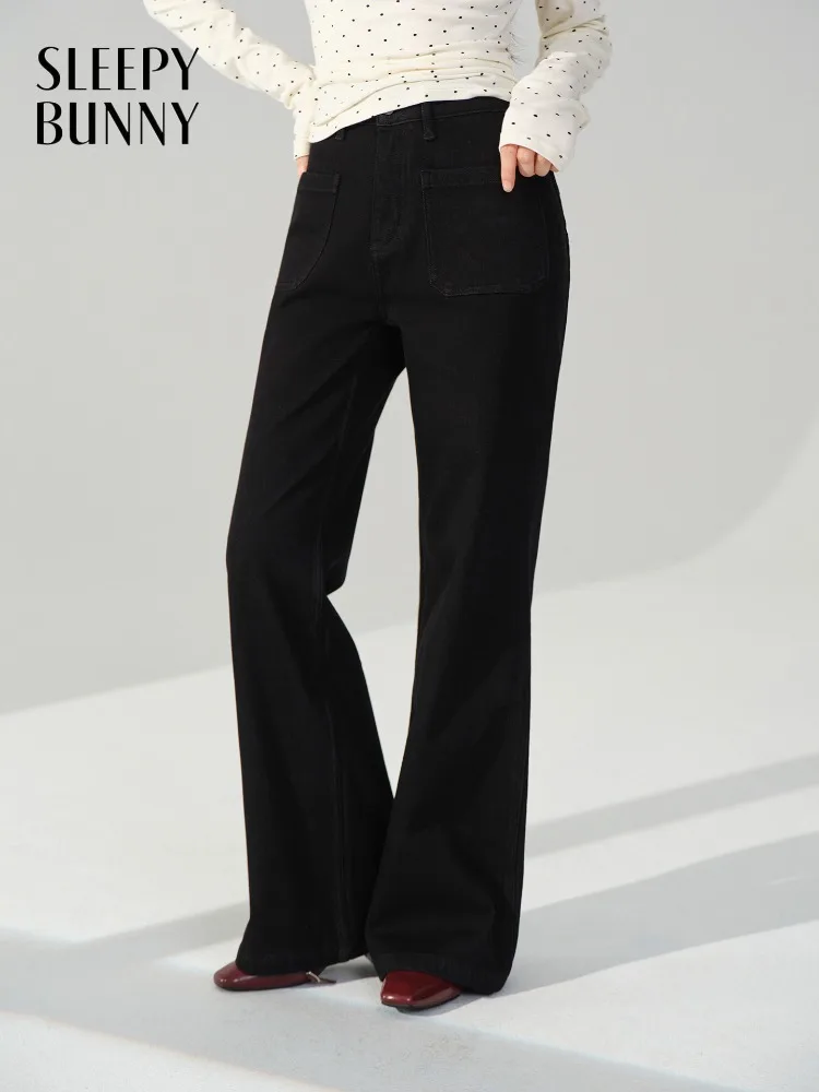 Lady High Waist Flared Jeans Warm Fleece Lined Denim Pants for Women Vintage Contrast Stitch Slim Fit Casual Long Trousers