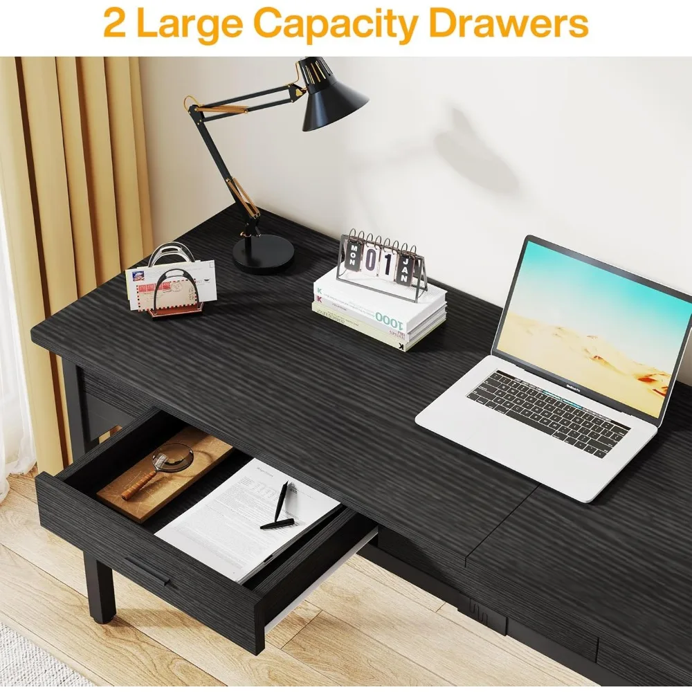 مكتب تنفيذي مزدوج ممتد مقاس 78.7 بوصة مع أدراج تخزين، أسود