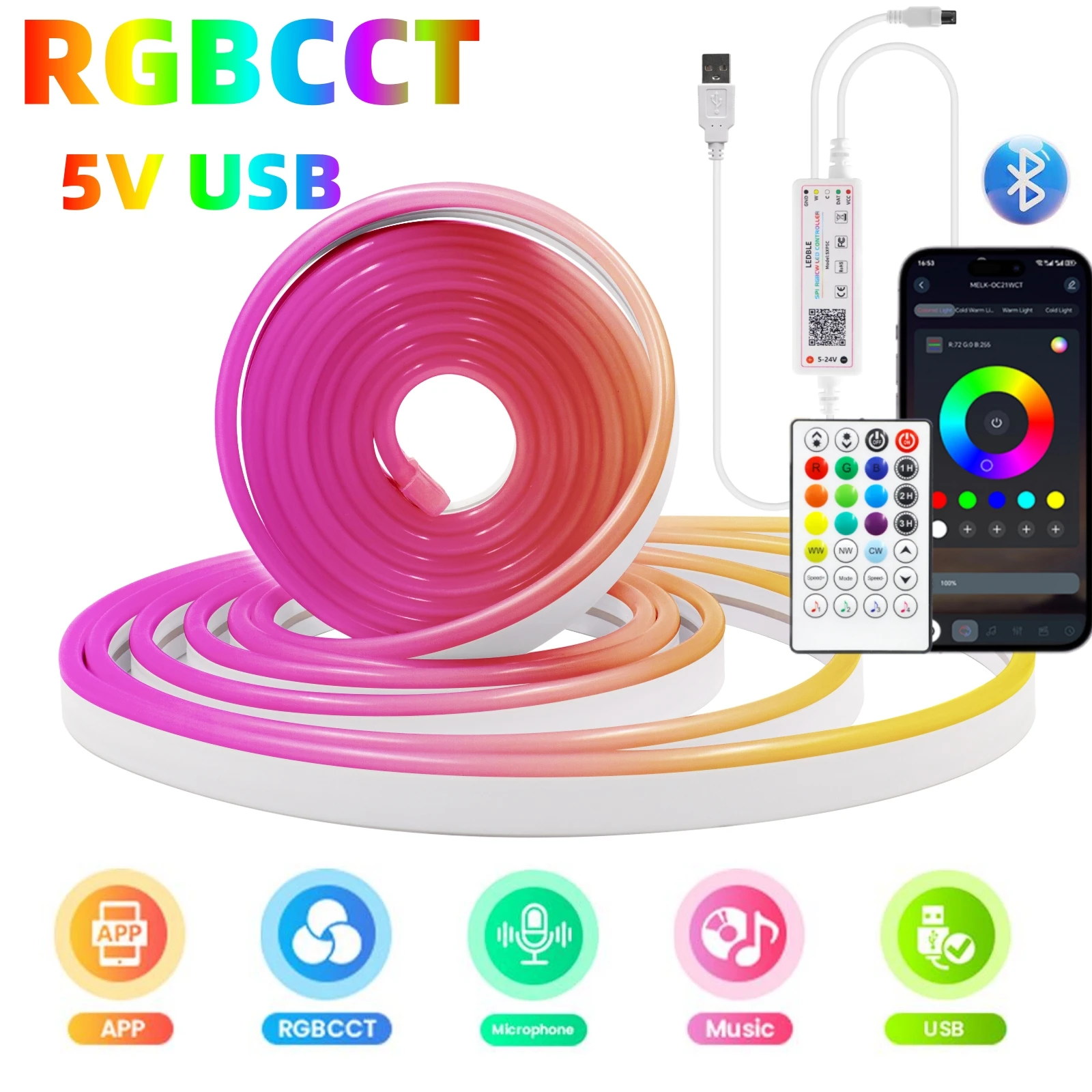USB WS2812B RGBCCT LED Strip Neon Light Sign 5V Smart Bluetooth 5050 2835 SMD DIY IP67 Diode Tape Lamp With Remote Control