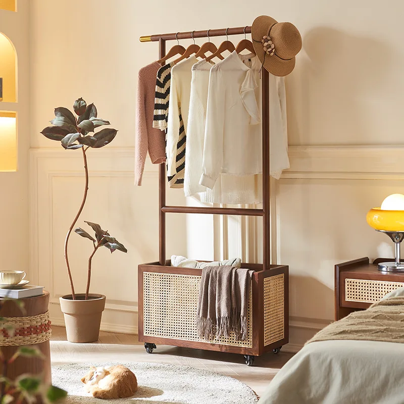 Minimalist Solid Ash Wood Rattan Woven Freestanding Coat Rack Multifunctional Mobile with Laundry Hamper for Bedroom