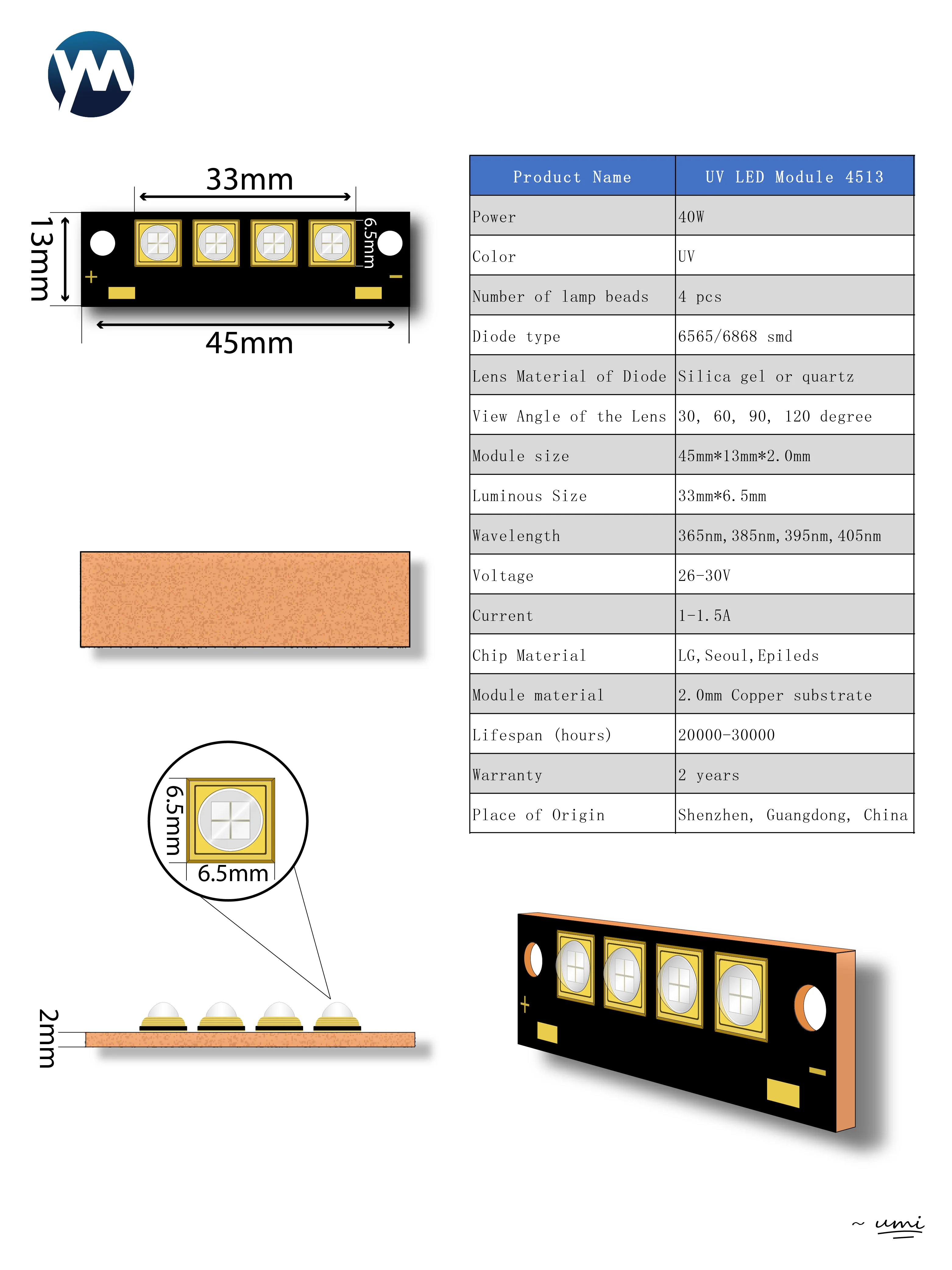 UV LED 40W Module 365nm 385nm 395nm 405nm Drying Offset Ink Printing Ultraviolet Curing Light Source 6565 10W Chips