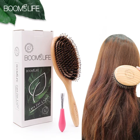 Escova de cabelo de cerdas de javali personalizada peine pente de madeira de carvalho feminino estilo de cabelo couro cabeludo massagem escova de cabelo salão de beleza acessórios de barbeiro