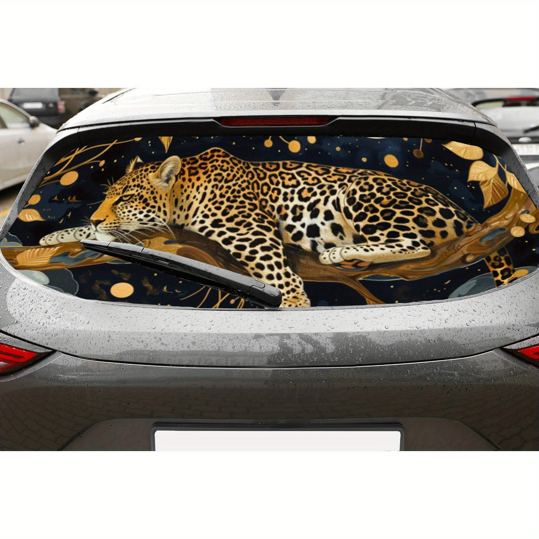

Перфорированные автомобильные виниловые обертывания с леопардовым принтом из ПВХ с золотым рисунком, улучшающий конфиденциальность дизайн для заднего окна, наклейка на заднее лобовое стекло автомобиля f