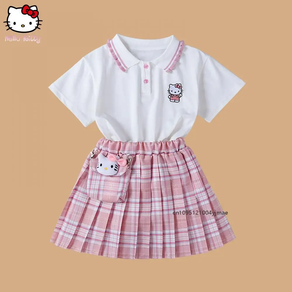 

2Pcs Hello Kitty Girl Sweet Princess Dress Sanrio Cartoon Fashion Kawaii Children's Shirt Pleated Skirt Bow Summer College Style