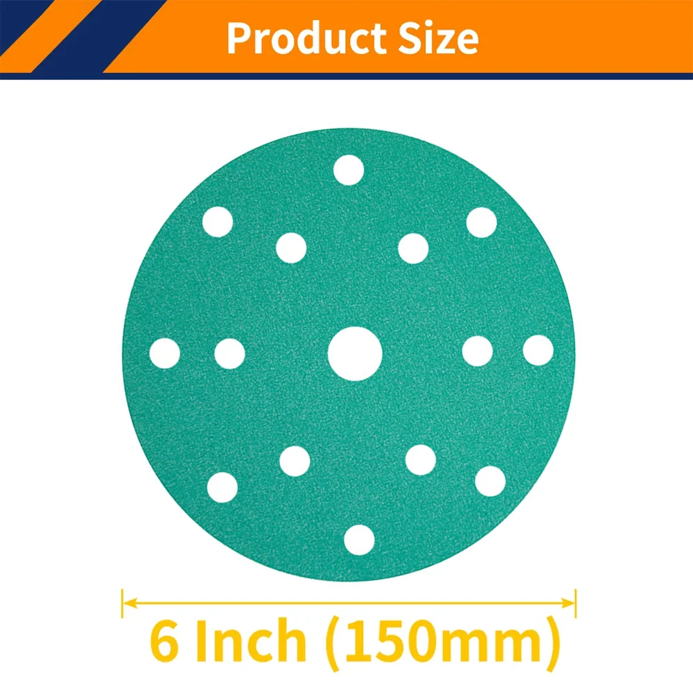 

100PCS 6 Inch 15 Hole Green Film Sanding Discs,Heavy-Duty Hook & Loop Wet Dry Film Sandpaper Discs for Random Orbital Sander