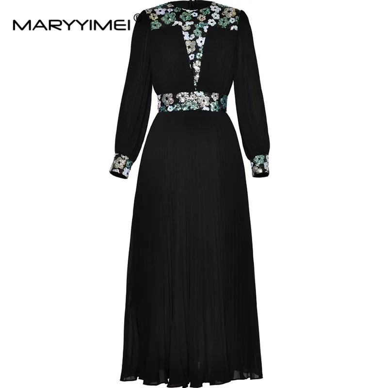 

MARYYIMEI Autumn and Winter Women's Dress Lantern Sleeved High waist Sequins Design Fashion A-Line Black Pleated Dresses