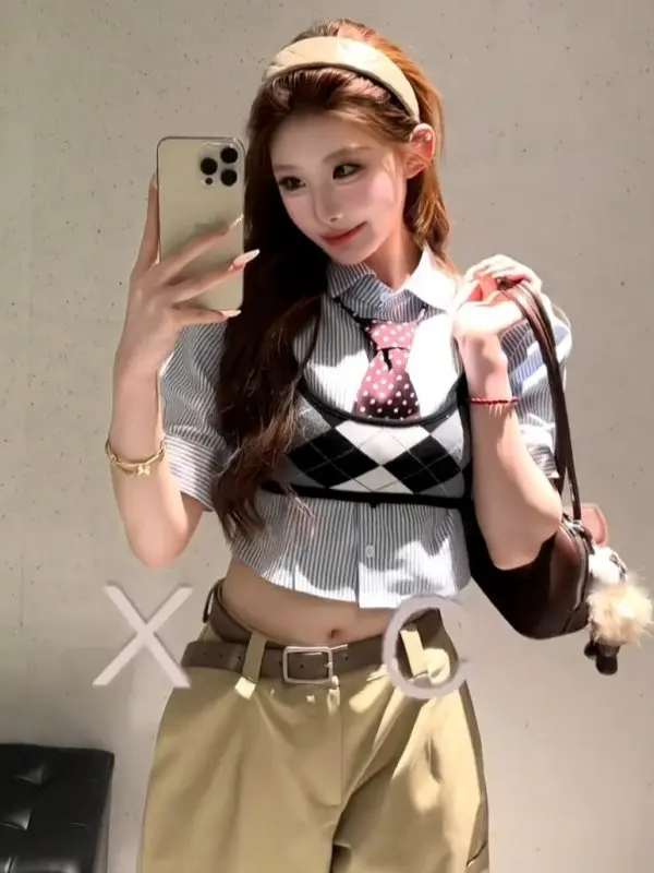 

Fashionable Three-Piece Set Women's Short Sleeve Collared Shirt with Strap Vest And Tie Spring Summer New Style College Style