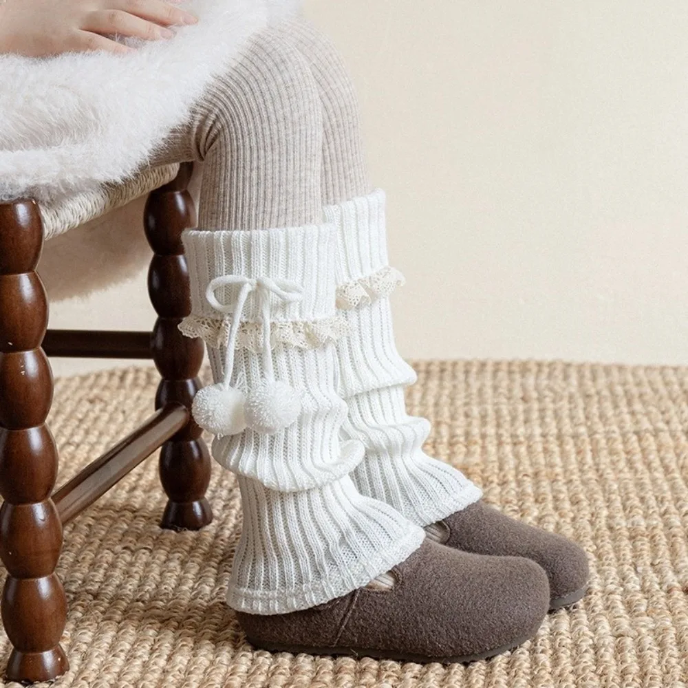 

New Solid Color Leg Warmers Knitted Thickened Middle Tube Socks Lolita Bow Pompom Mid-Calf Sock Kids