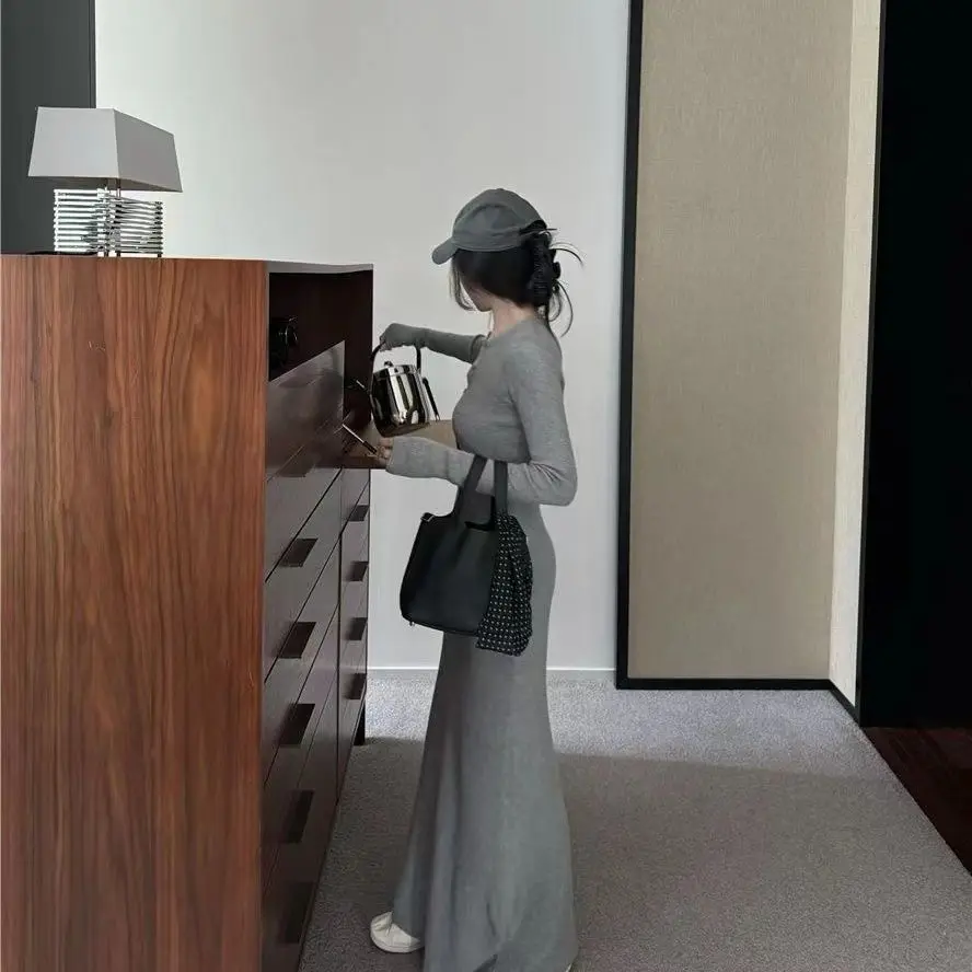 

Early autumn classysense of design thin fashion elegantlong sleevesknittingdress women's waist sexy hip cover long skirt