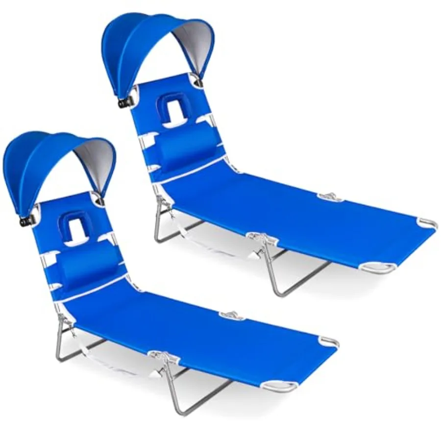 Silla de playa plegable 2 en 1 con toldo y orificio facial, tumbona reclinable de 5 posiciones, silla portátil para tomar el sol boca abajo
