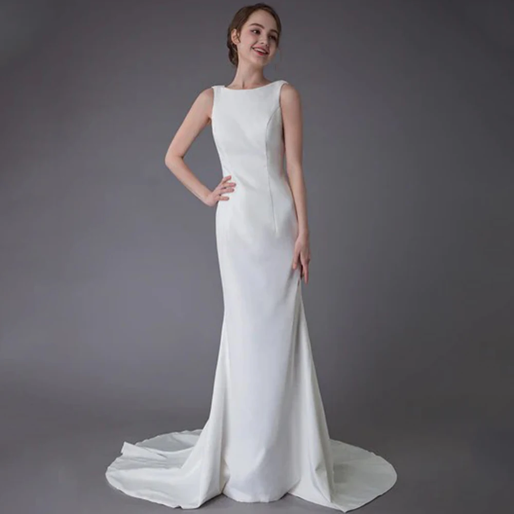 Classic Scoop Neck Sleeveless Wedding Dress Straight Mermaid Floor Length with Sweep Train Sexy Open Back with Buttons Gowns