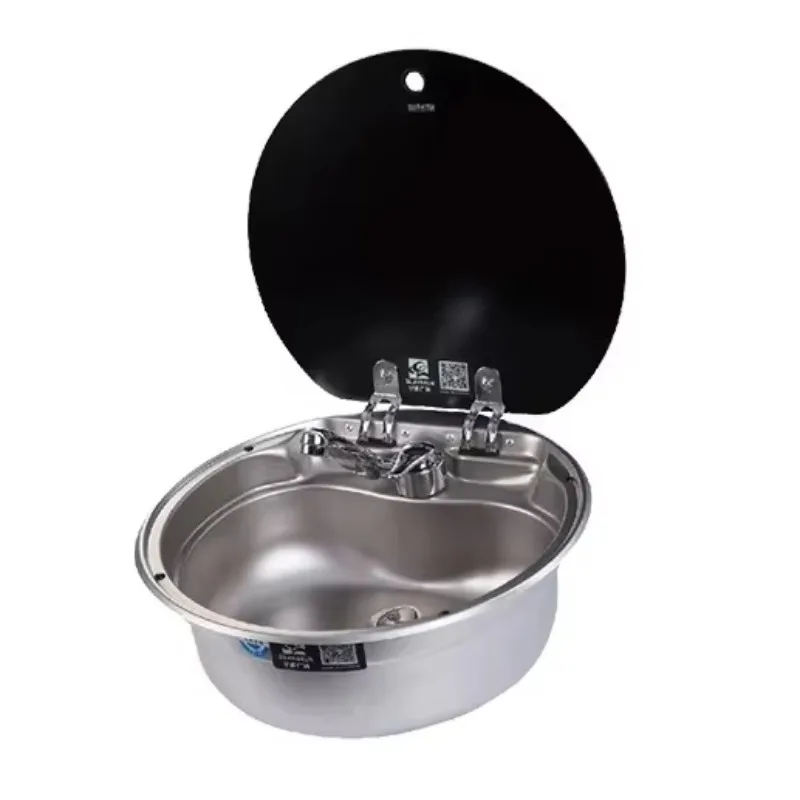 HOT SALES POPULAR Round Stainless Steel Sink with Safe Glass Lid Foldable Faucet Waste Drainer for RV Motorhome caravan Kitchen
