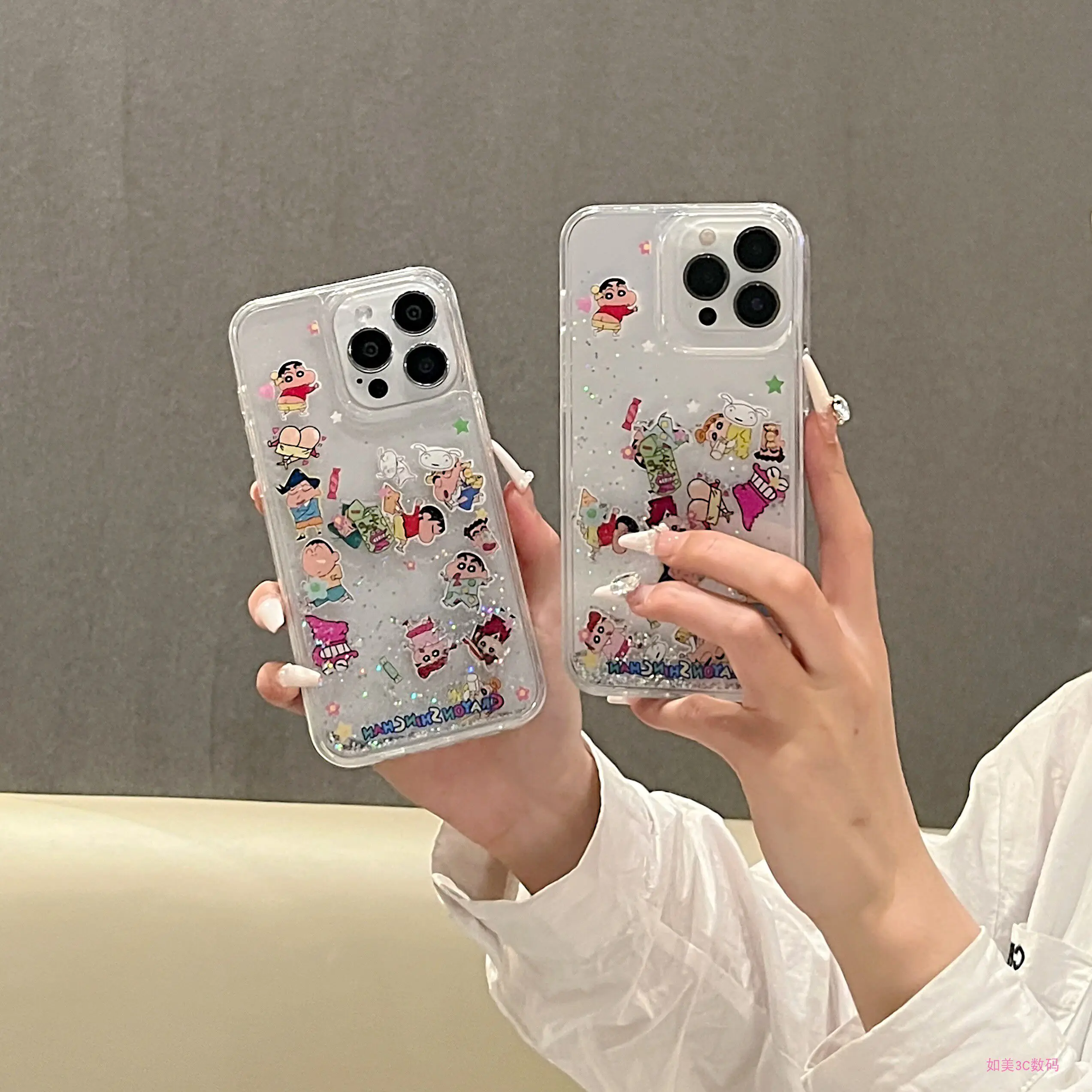 Cute Cartoon Japan Anime Crayon Shin chan Bling Glitter Quicksand Phone Case For iPhone 17 16 15 14 13 Pro Max Clear Hard Cover view 3