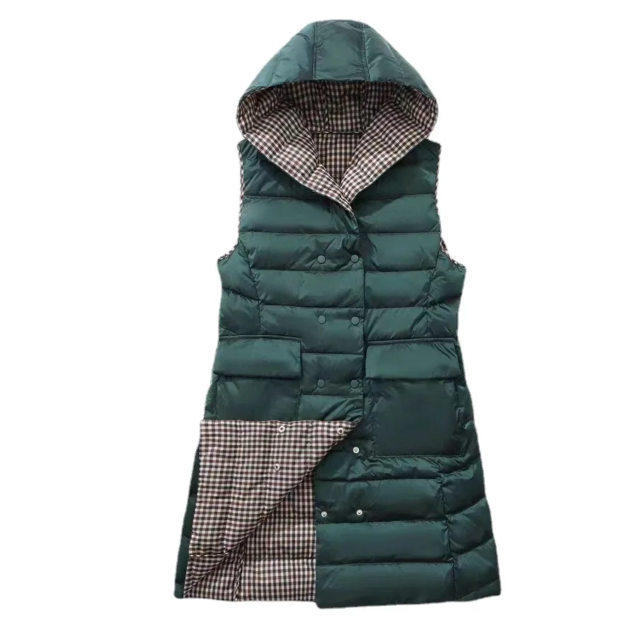 Women Sleeveless Plaid Hooded Down Waistcoat Coat Warm Light White Duck Down Vest Parkas Ladies Double Breasted Long Tank Jacket