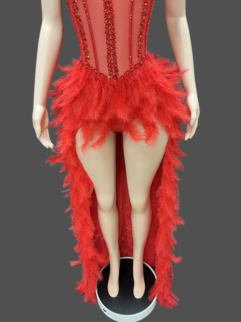 

Женское боди-платье с V-образным вырезом, стразами, перьями и хвостом, 3 цвета, для особых случаев, вечеринок и клубов