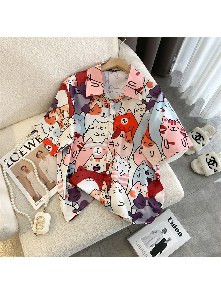 

Women's Cute Cats Graphic Print Shirts Blouses Vintage Harajuku 90s Y2k Elegant Short Sleeve Shirt Top 2000s Streetwear Clothes