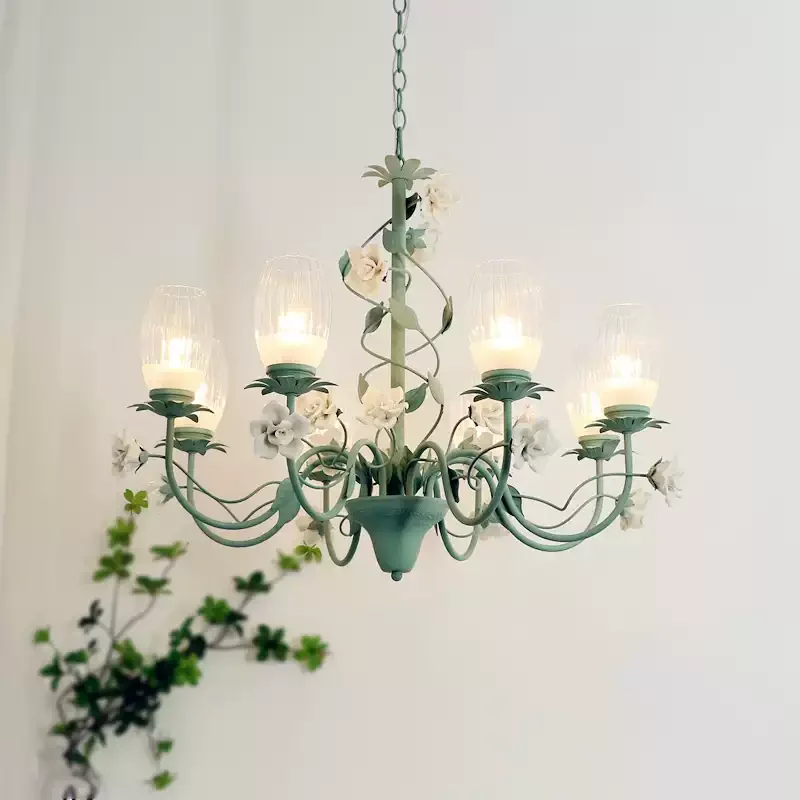 French Floral Chandelier, Green Flower-Shaped Pendant Light, Romantic Bedroom Living Room Lighting, Garden Style Home Decor Lamp