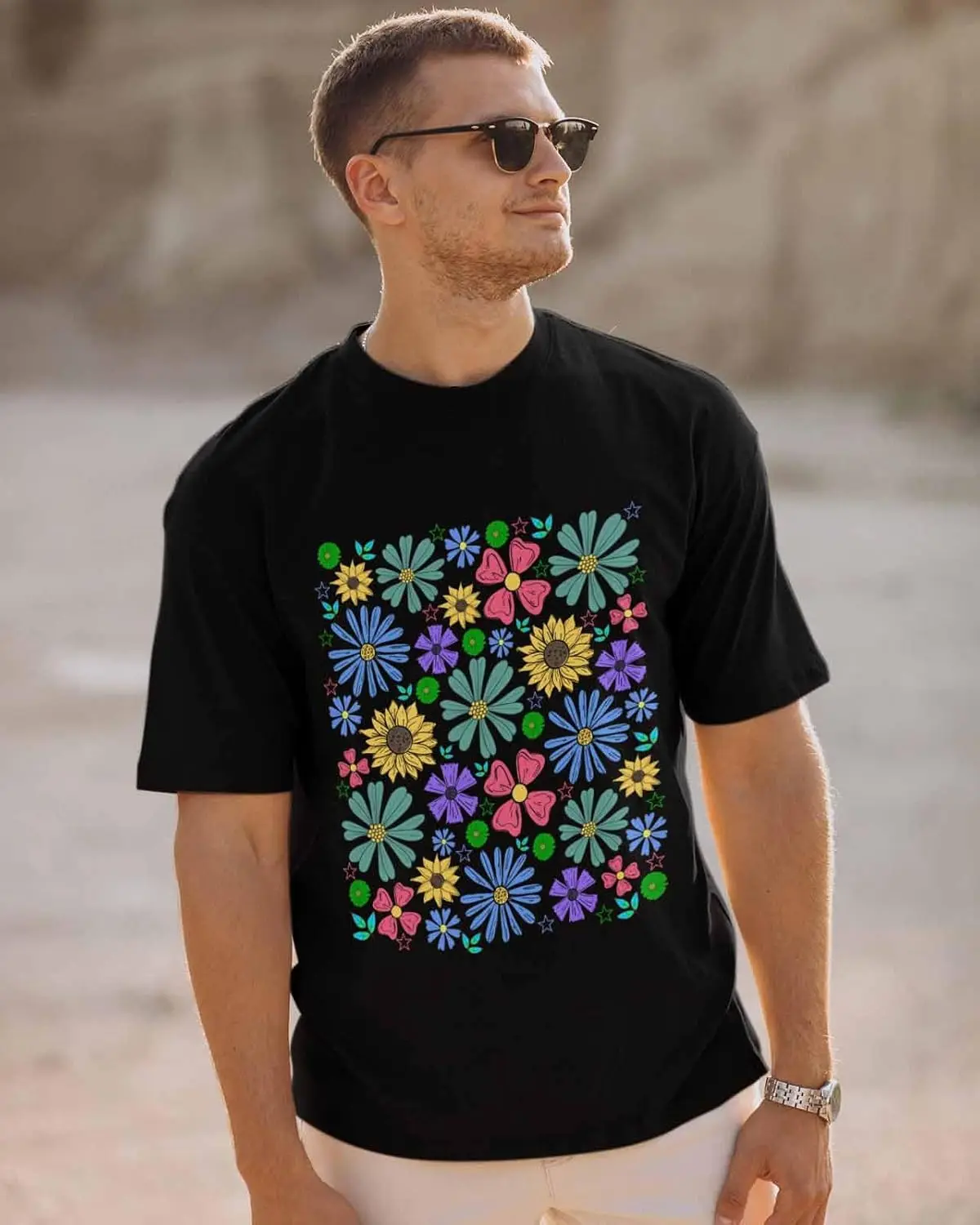 Men's T-Shirt, Novelty Graphic T-Shirt Colorful Flowers Stars Cotton Crew Neck Men's Short Sleeve Basic Tshirts Black-L