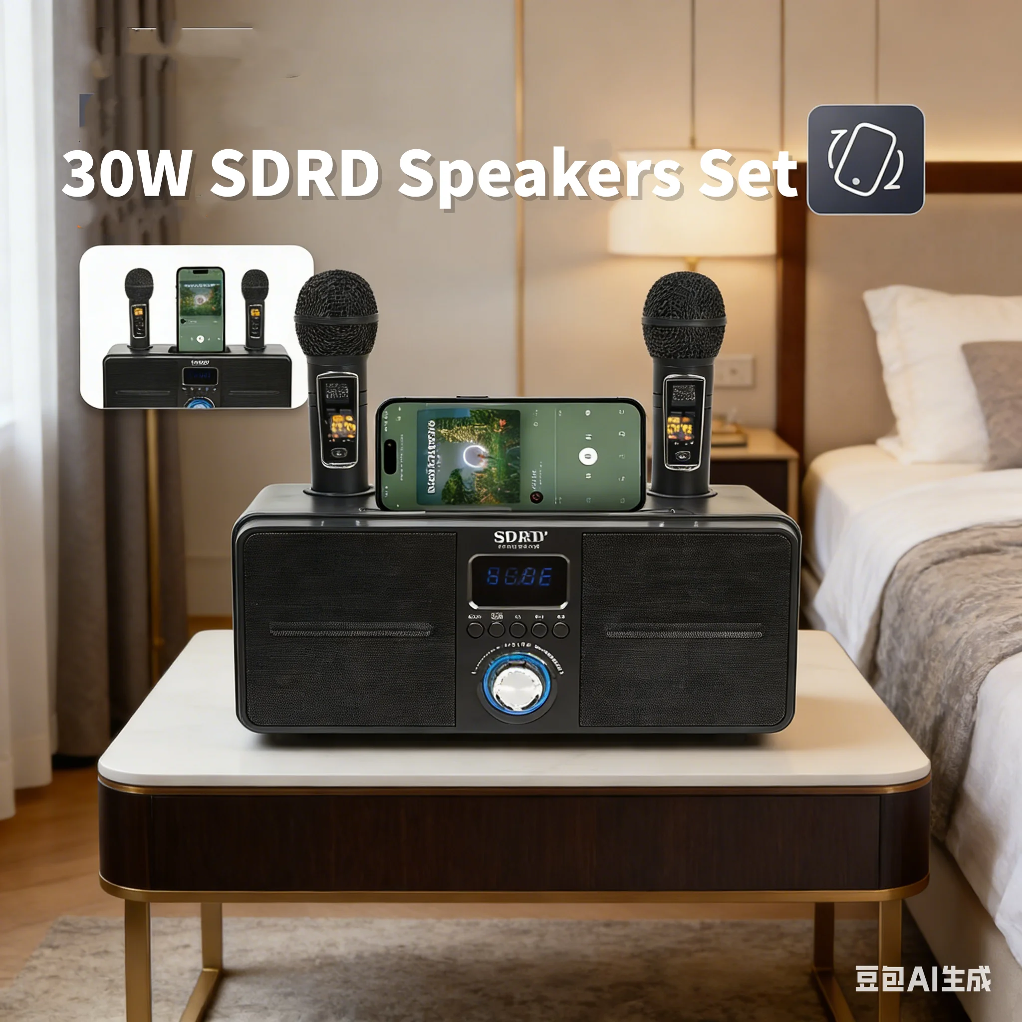 30W High-power SDRD 309 Household KTV Equipped with Wireless Microphone Dual Person Duet Bluetooth Speaker All-in-one Machine
