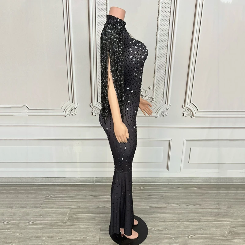 2025 신상 여성 쇼 무대 의상 블랙 프린지 라인스톤 바디수트 가수 공연 의상 나이트클럽 파티 클럽웨어 VDL4974