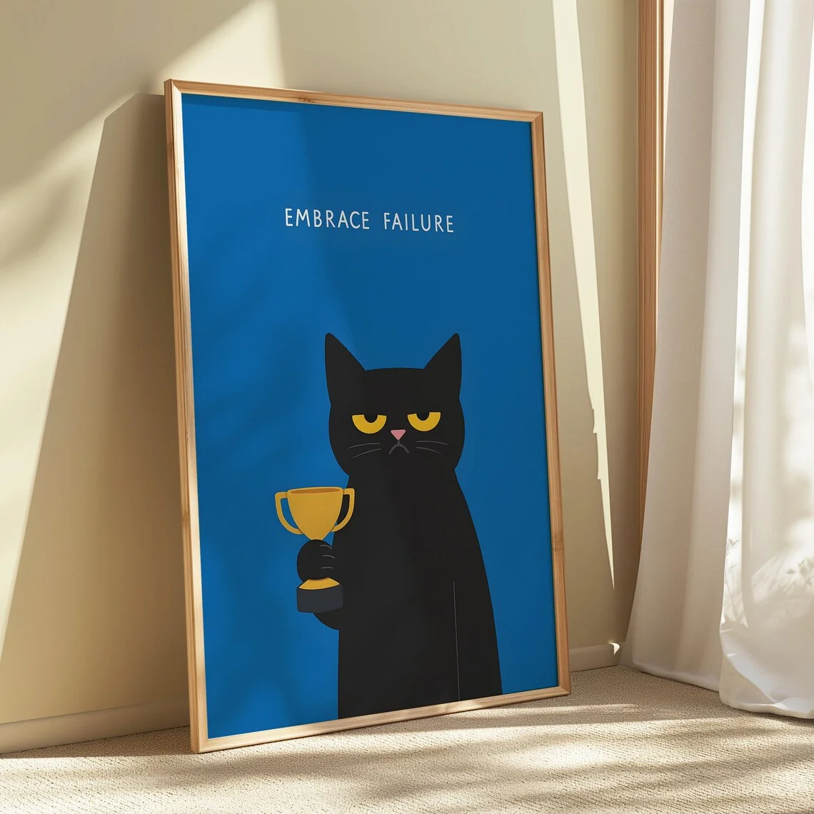 Witty Motivational Cat Wall Art - Clean, Graphic Print of a Disgruntled Cat with a Trophy, Blending Humor with a Relatable Messa