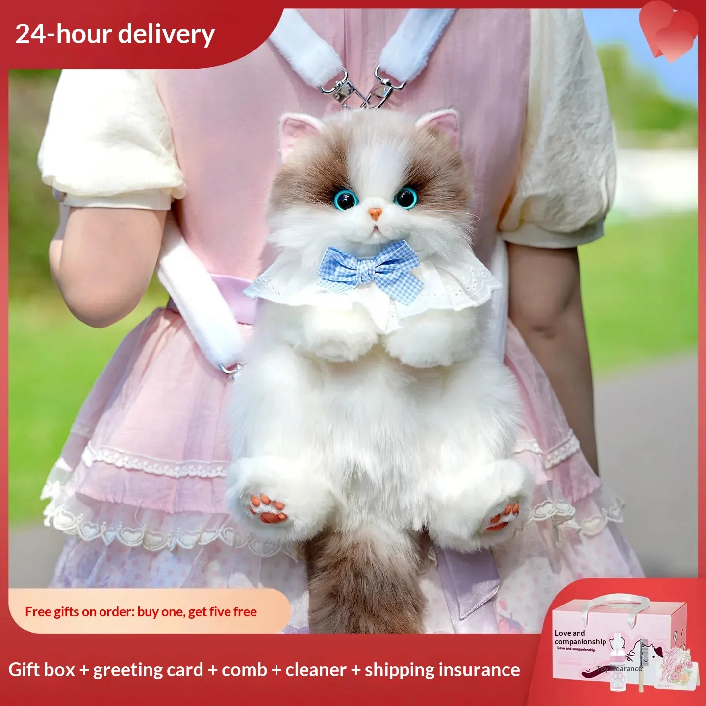 Cute Bionic Cat Backpack, Simulation Kitten Plush Bag, Soft Stuffed Animal School Bag for Girls, Creative Birthday Gift for Kids