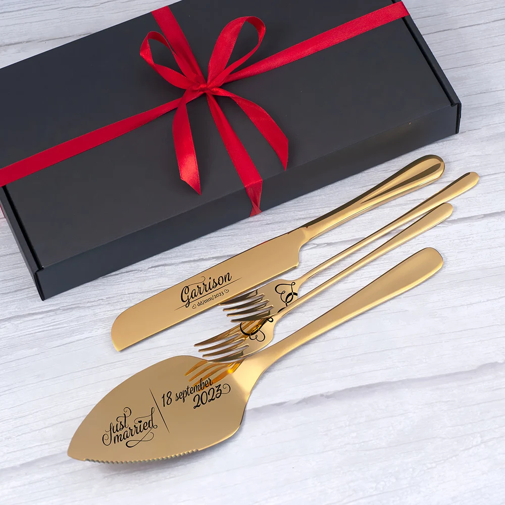 Personalized Wedding Cake and Knife Server Set With Forks Wedding Cake Decorattion Custom Monogram Laser Name Multiple Colors