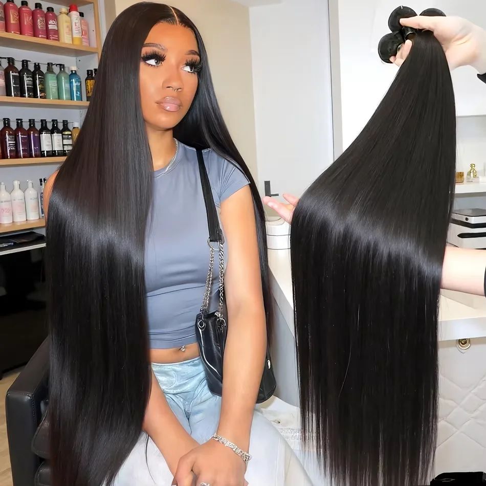 

Наборы прямых натуральных человеческих волос 30-40 дюймов, 12A, необработанные, бразильские, натуральный черный цвет, 1, 3, 4 пучка в комплекте