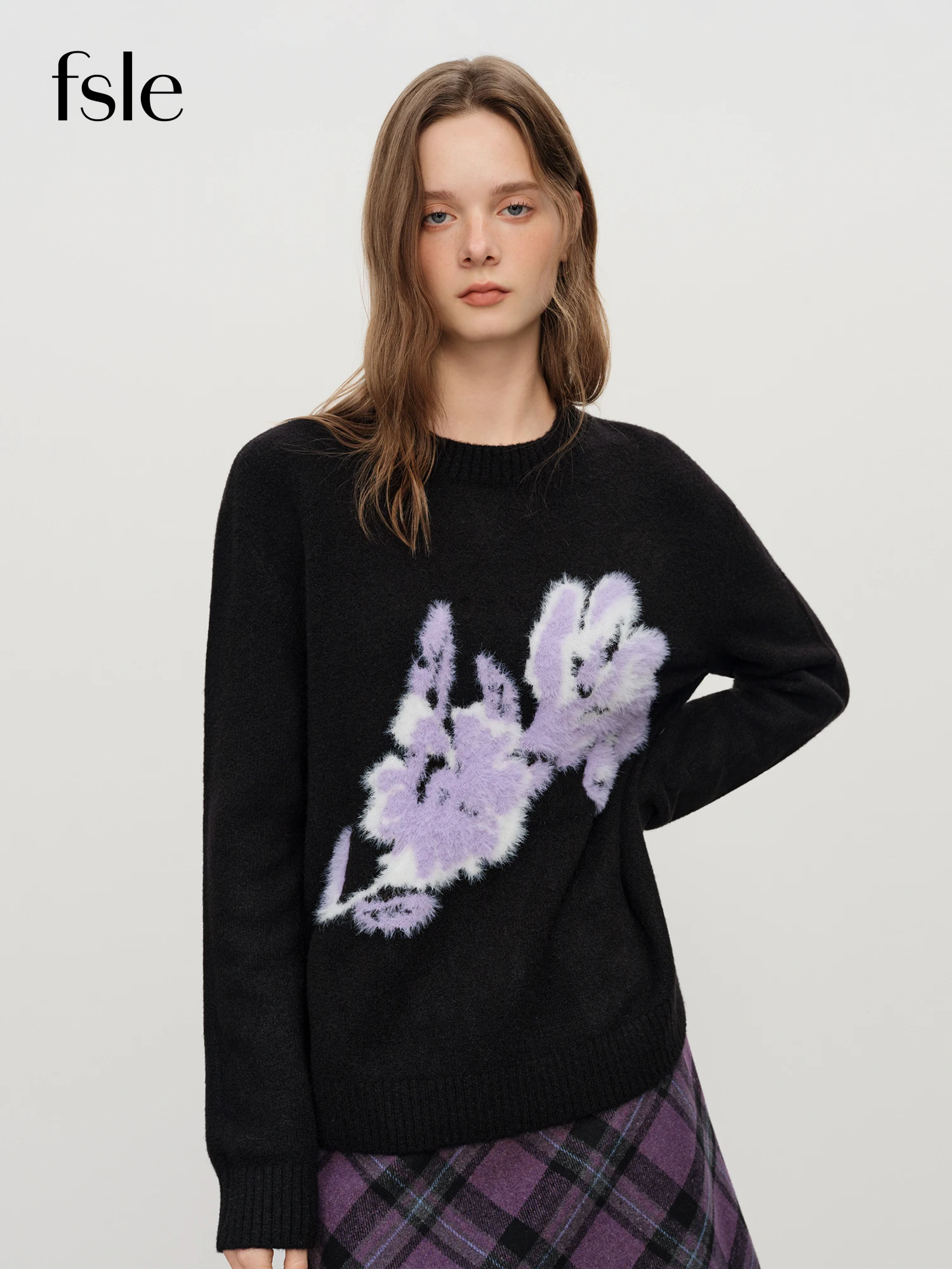 

FSLE Winter 2025 Women's Floral Jacquard Knit Sweater - French Style Round Neck Pullover Warm Cozy Versatile Top