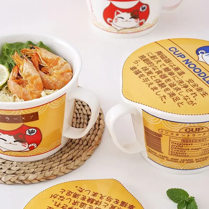 Ceramic Cat Noodle Cup Bowl Set with Cover Box, Instant Noodle Soup Bowl, Student Lunch Box, Ins Style