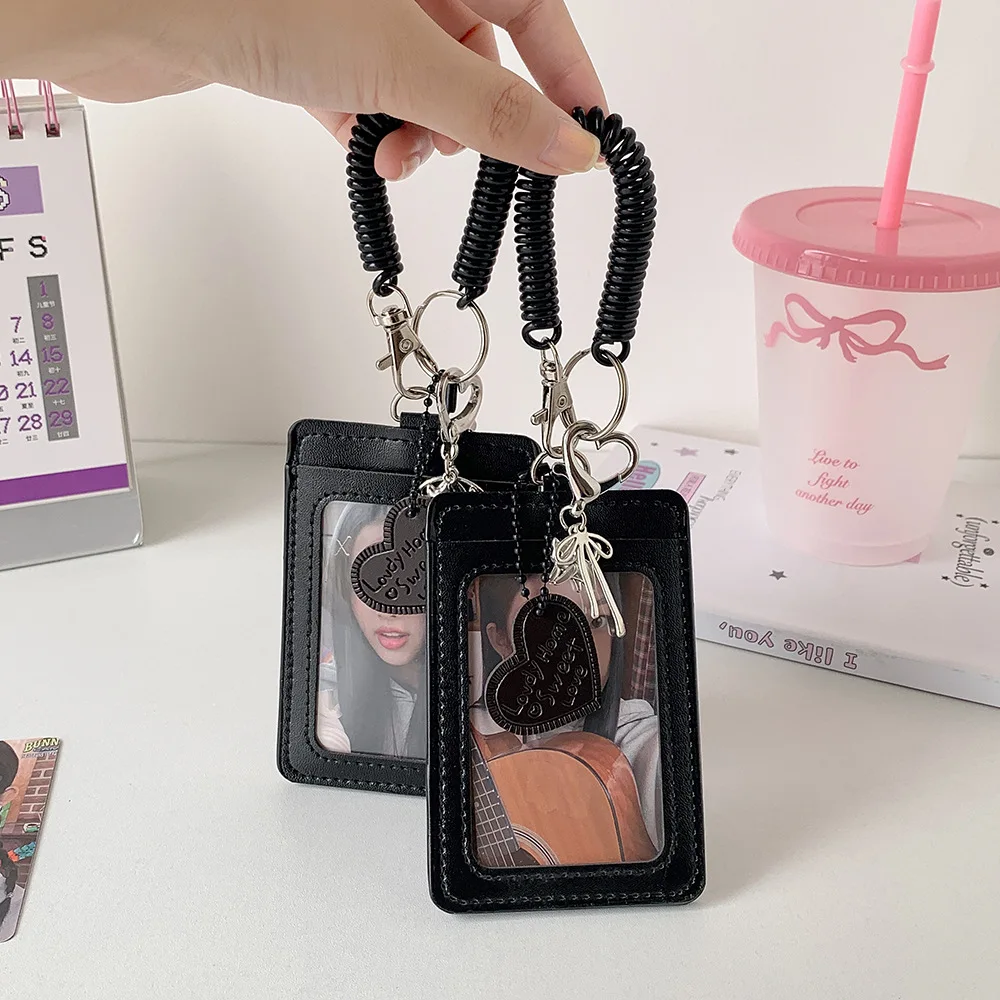 Korean Style Black PU Leather 3-Inch Card Holder for Photo K-Pop Display Metro Pass ID Work Card Badge Cover Sleeve Girls Travel
