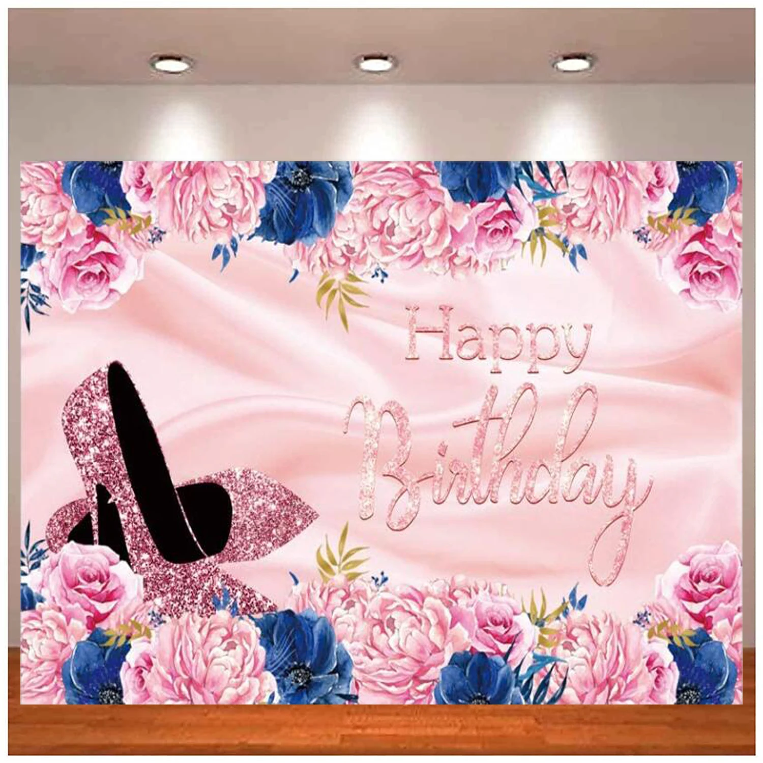 Photography Backdrop Shiny Sequin Pink High Heels Blue Rose Background Women Happy 20th 30th 40th 50th 60th Birthday Party Decor