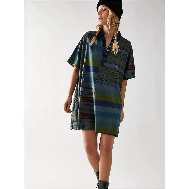 CGS-Women Contrast Striped Babydoll Y2k Summer Patchwork T- Shirt Dress Vintage V Neck Short Sleeve Dress