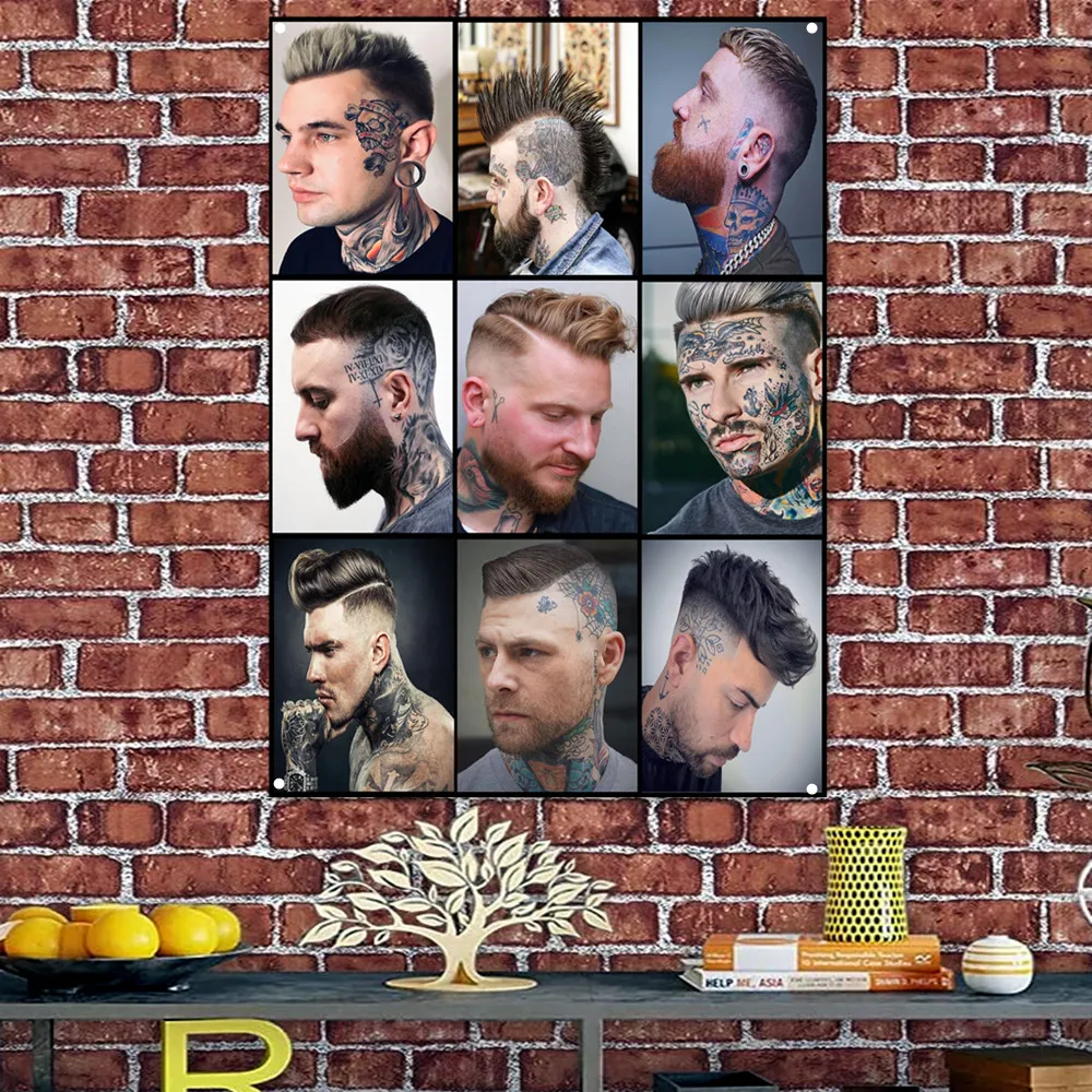 Best Men's Tattoo Hairstyles Retro Barber Shop Signboard Wall Decor Banner Flag Haircut and Shave Salon Poster Tapestry A2