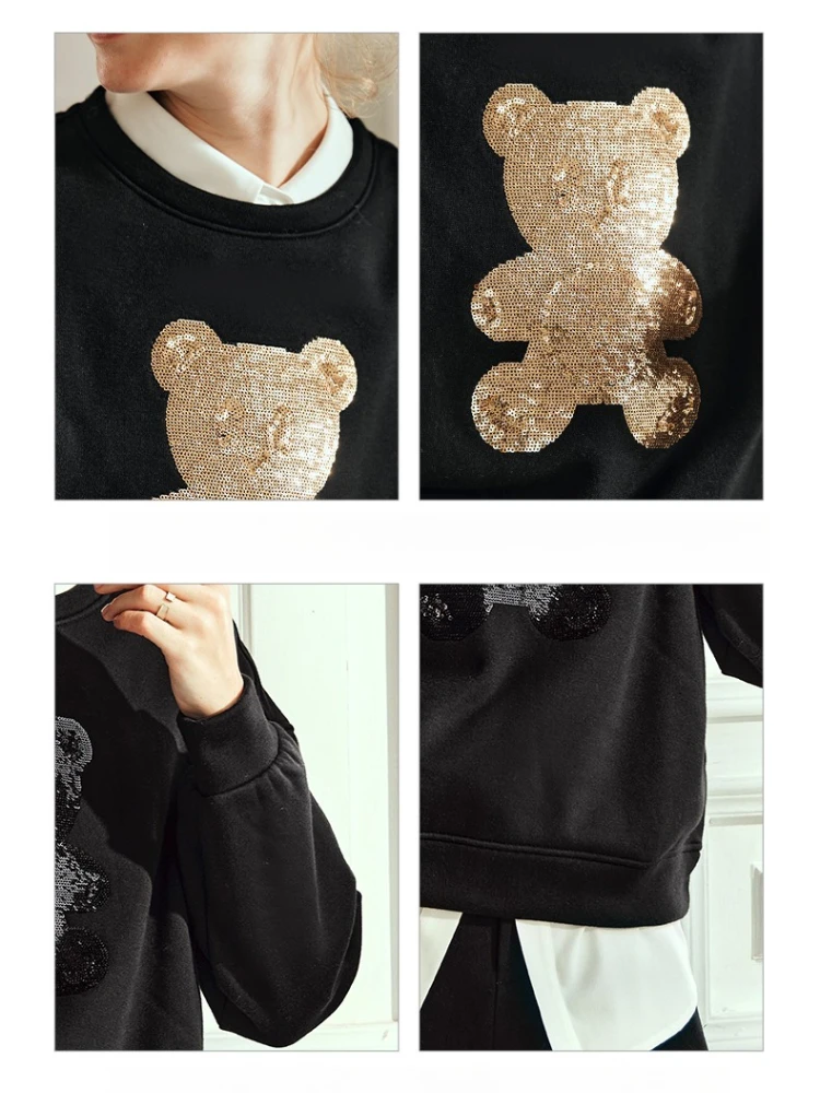 OLrain Women's Cartoon Sweatshirts 2025 Autumn New O-neck Long Sleeve Pullover Solid Sequins Female Clothing Elegant O21DR60202