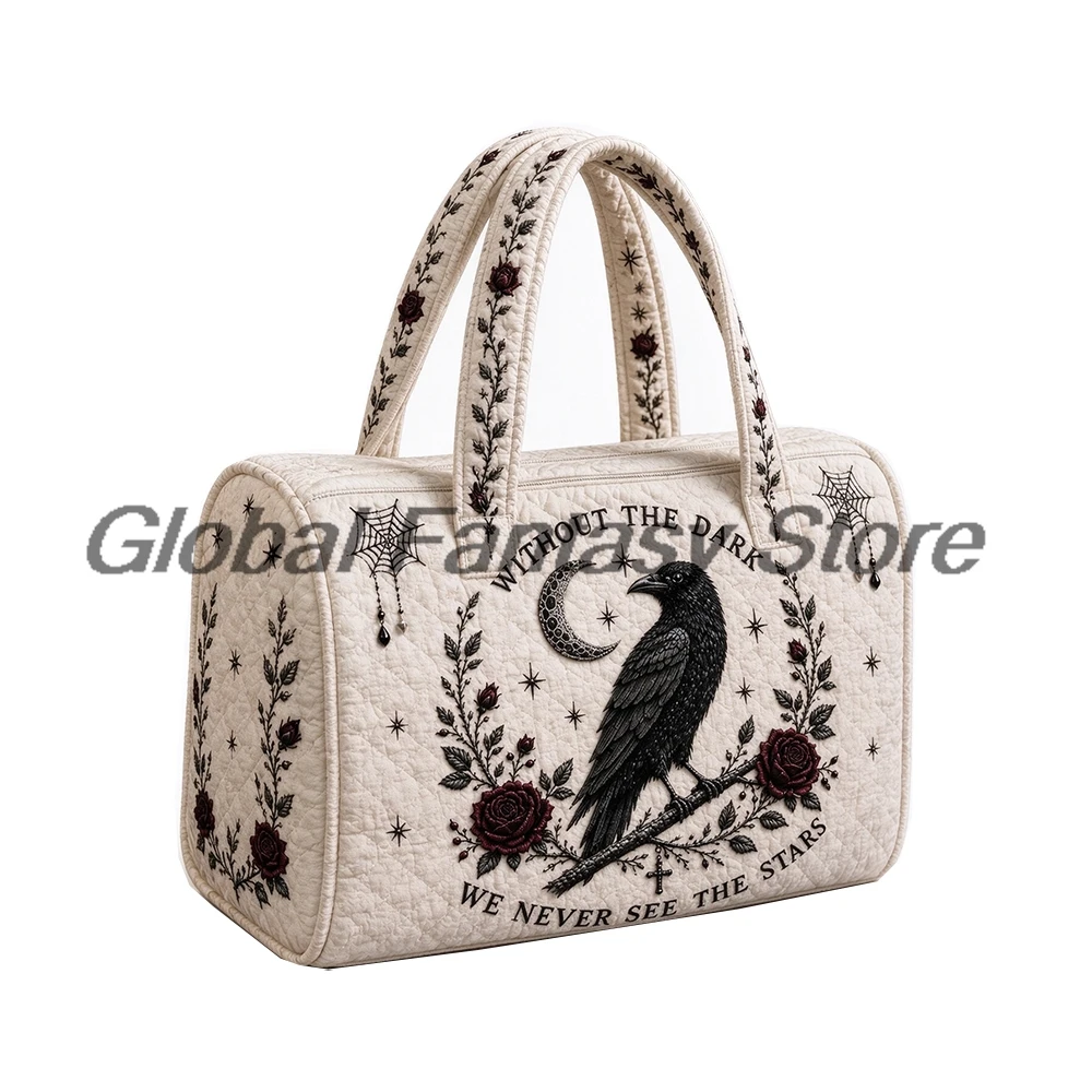 Gothic Raven Moon Rose Quilted Duffle Bag Vintage Spider Web Floral Travel Tote Handbag Women Men Outdoor Weekender Bags