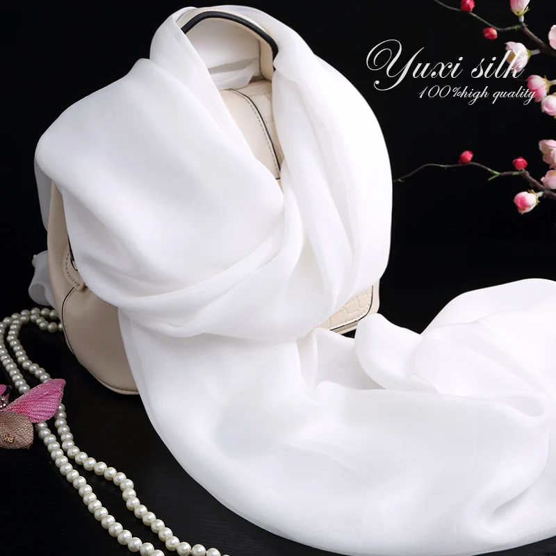 

White Solid Color 100% Silk Long Mother Scarf Shawl Women's Thin Spring, Autumn and Winter Summer