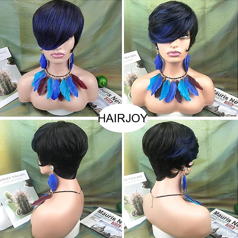 

HAIRJOY Короткий прямой черный парик из синтетических волос с синей челкой для афроамериканских женщин