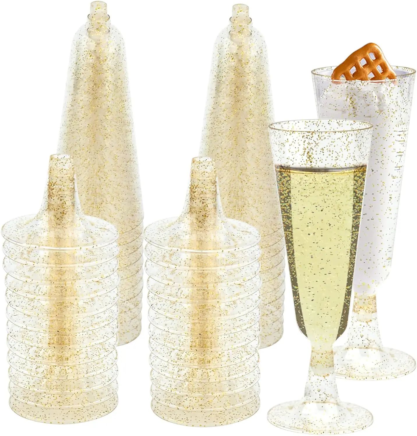 50/25 Gold Glitter Plastic Champagne Flutes 5oz Clear Plastic Toasting Glasses, Mimosa Glasses, Cocktail Cups,Champagne Glasses