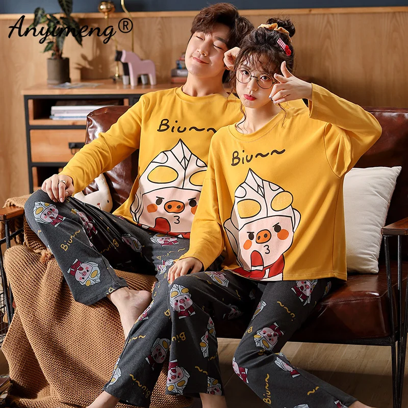 Couple Pajamas New Fashion Mens Womens Loungewear Cotton Sleepwear Spring Autumn Long Sleeve Cartoon Printing Couple\'s Nightwear