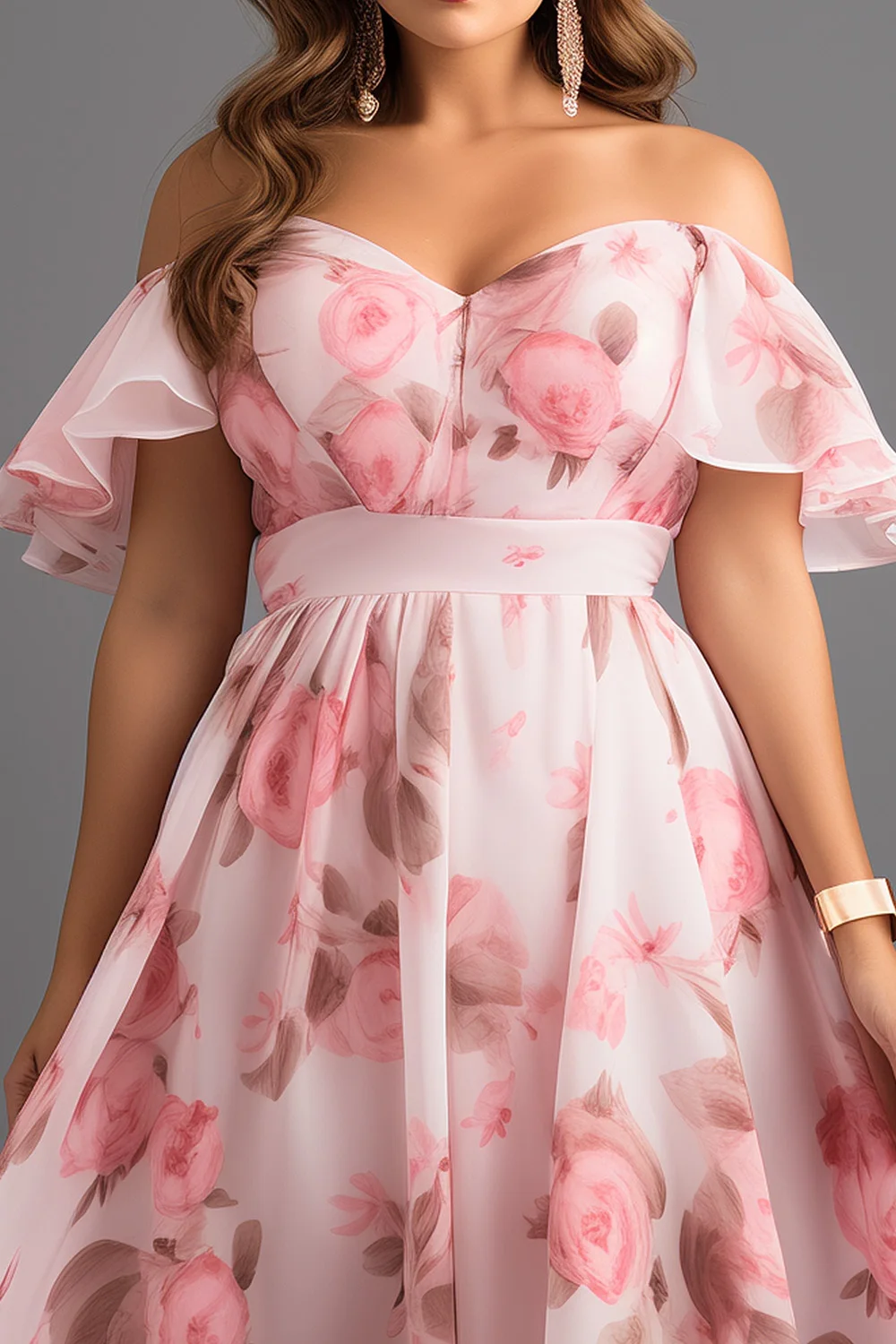 Abito lungo Flycurvy taglie forti per le vacanze in chiffon rosa con stampa floreale con spalle scoperte e orlo alto e basso