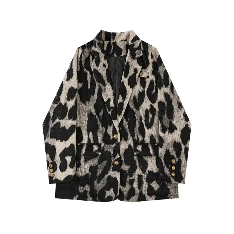 Leopard Blazer Jacket Women Leopard England Old Money Style Notched Collar Coats 2024 Autumn Winter Oversized Tide Streetwear