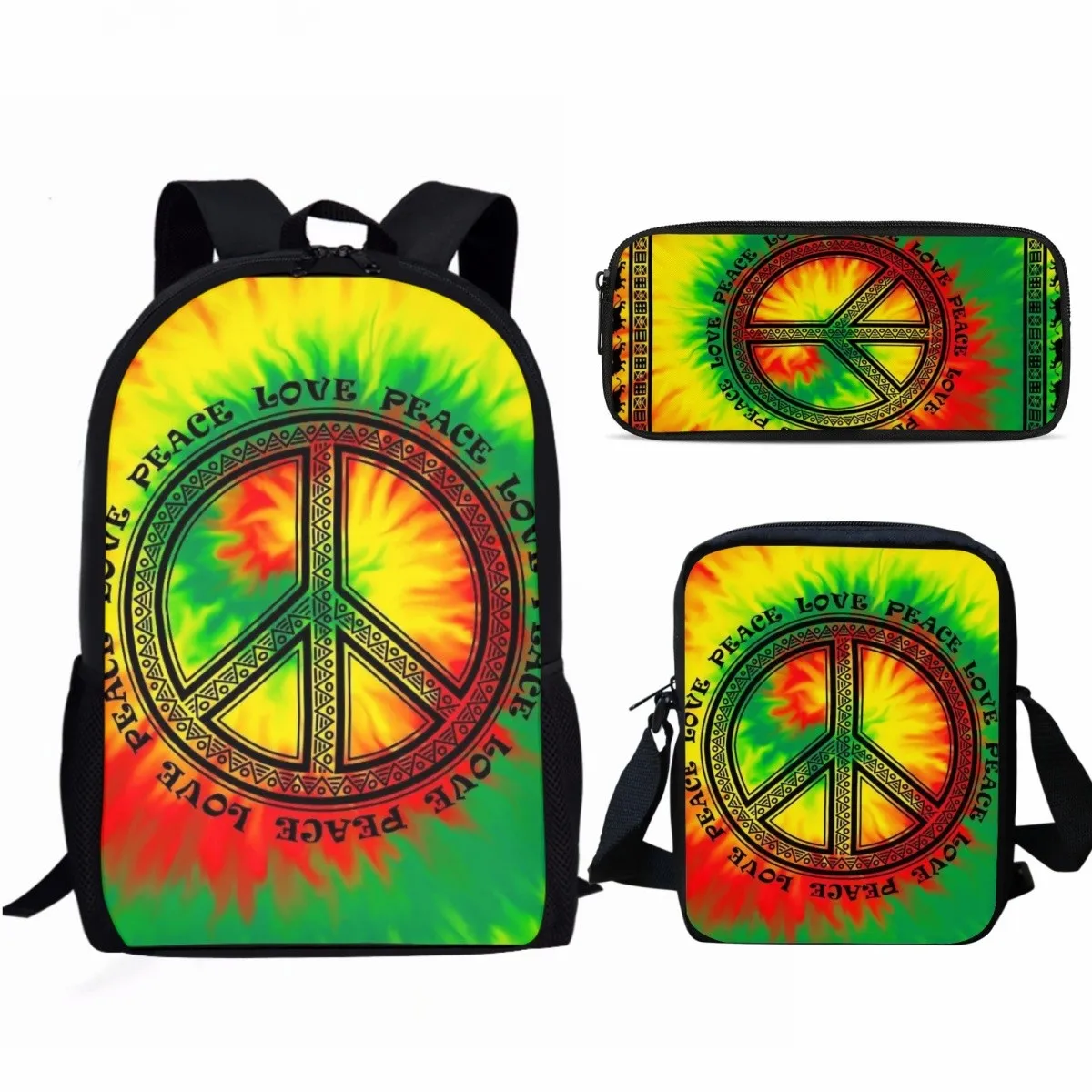 Patrón de paz y amor 3 unids/set bolso escolar para estudiantes con bolsa de almuerzo bolsa de lápices adolescente niñas niños mochila informal de viaje diario